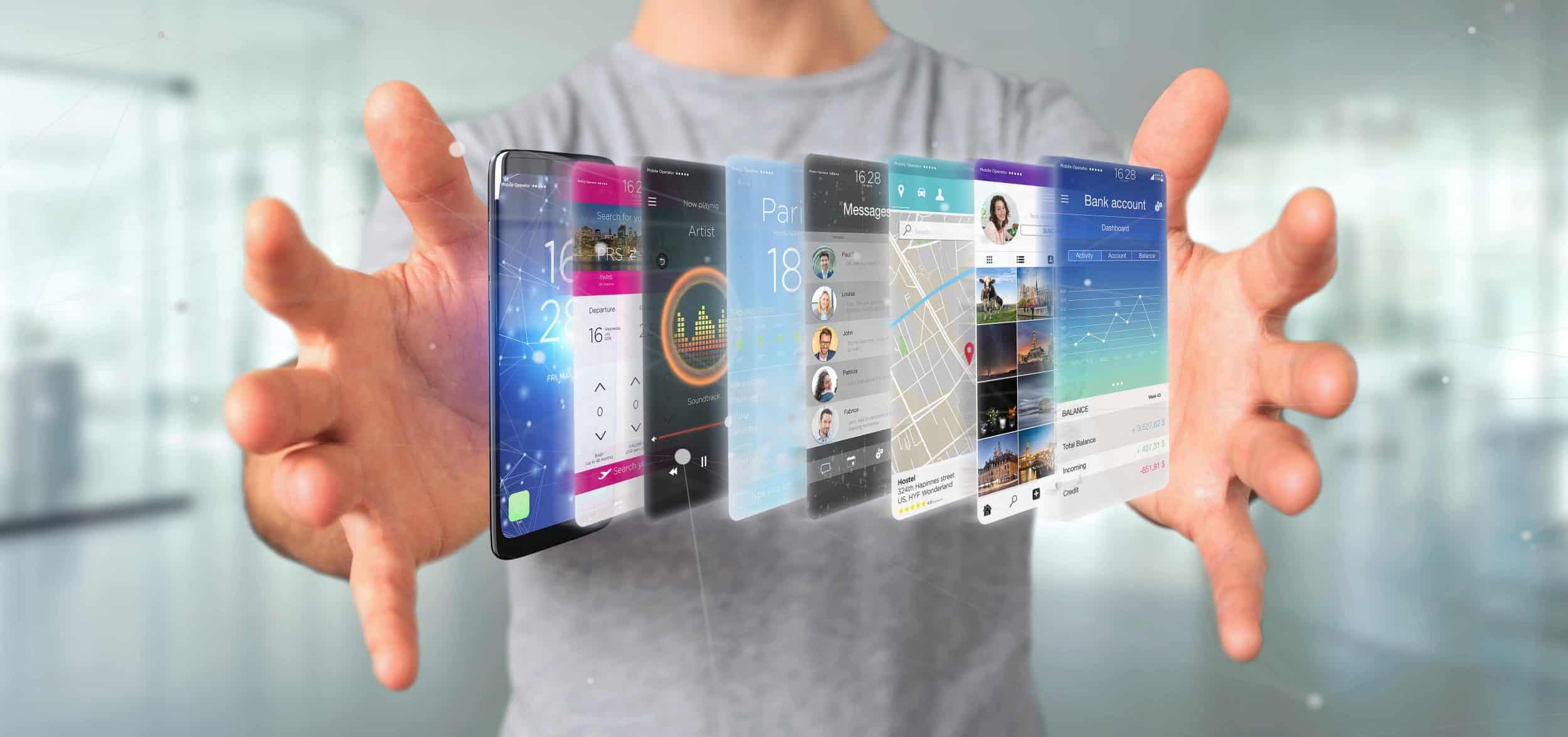 View of a Businessman holding 3d rendering app template on a smartphone